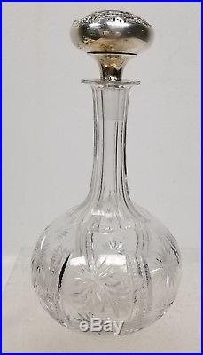 Antique Vintage Sterling Silver Topped Decanter Cut Glass Drinks Bottle