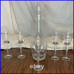 Antique decanter Etched with flowers and six glasses Collectible display