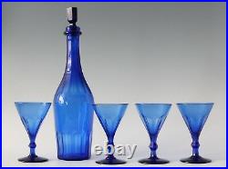 Antique early 19th C faceted crystal Cobalt blue Wine Sherry Decanter & 4x Glass