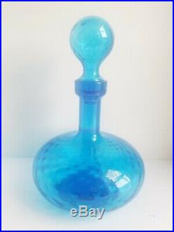 Aqua Blue Glass Decanter EMPOLI Genie Bottle Wavy With Stopper Vintage Mid Century