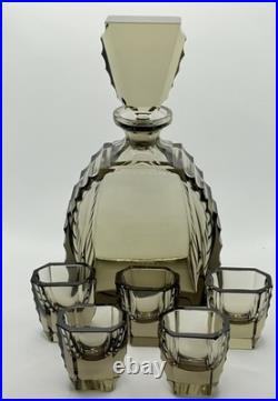 Art Deco Czech Moser Style Cut Smoke Glass Decanter & Shot Glass Set