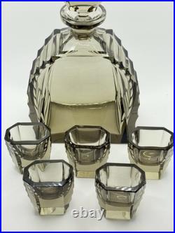 Art Deco Czech Moser Style Cut Smoke Glass Decanter & Shot Glass Set