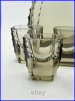 Art Deco Czech Moser Style Cut Smoke Glass Decanter & Shot Glass Set