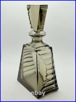 Art Deco Czech Moser Style Cut Smoke Glass Decanter & Shot Glass Set