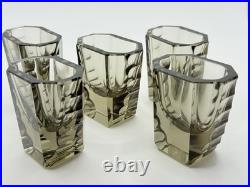 Art Deco Czech Moser Style Cut Smoke Glass Decanter & Shot Glass Set
