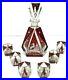 Art-Deco-Decanter-6-cordials-Bohemian-Czech-ruby-red-Cut-to-Clear-Christmas-VTG-01-hij