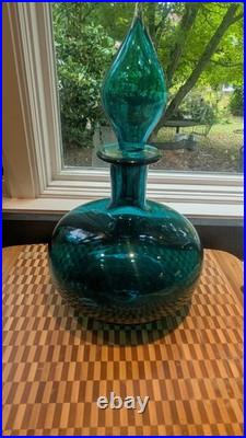 Art Glass Decanter teal teardrop stopper VTG MCM Blown Glass