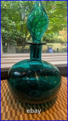 Art Glass Decanter teal teardrop stopper VTG MCM Blown Glass