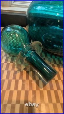 Art Glass Decanter teal teardrop stopper VTG MCM Blown Glass