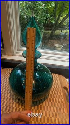 Art Glass Decanter teal teardrop stopper VTG MCM Blown Glass