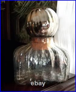 Artisan Ribbed Bubble Glass Decanter, Mercury Glass Stopper, Vintage 80s Mexico