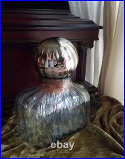 Artisan Ribbed Bubble Glass Decanter, Mercury Glass Stopper, Vintage 80s Mexico