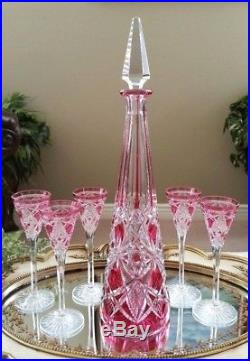 BACCARAT Vintage Pink Cut to Clear Crystal Liqueur Decanter & 5 Cordial Glasses