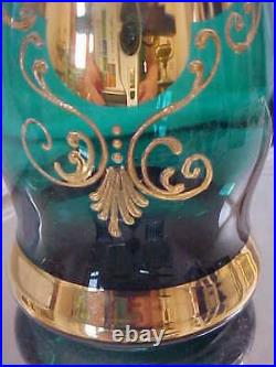 BEAUTIFUL Vintage HP Flowers GREEN & GOLD Glass Decanter MURANO Signed ITALY