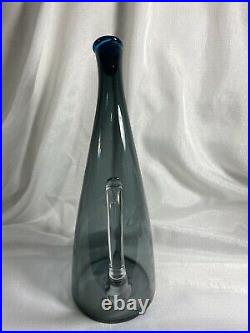 BLENKO MCM Glass BENT NECK DECANTER #948 Charcoal? Bottle With Blue Stopper Vtg