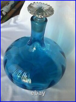BLENKO Vintage Hand blown Art Glass Decanter Bottle In Turquoise Mid Century