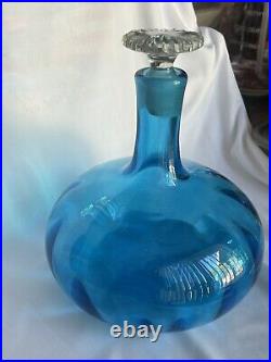 BLENKO Vintage Hand blown Art Glass Decanter Bottle In Turquoise Mid Century