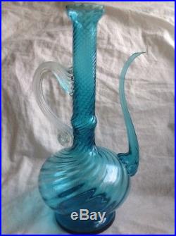 BLUE GLASS GENIE LAMP decanter bottle OIL POURER twisted HANDLED retro VINTAGE