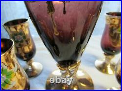 Barbini Murano Amethyst Decanter & Wine Glasses Set, Vintage Raised Floral Gold