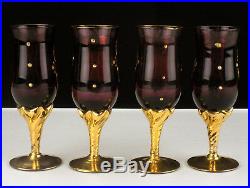 Barbini Murano Amethyst Decanter & Wine Glasses Set, Vintage Raised Floral Gold