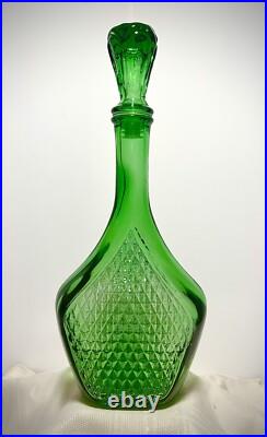 Beautiful GREEN EMPOLI DECANTER Vintage Glass Diamond Cut Marked MADE IN ITALY