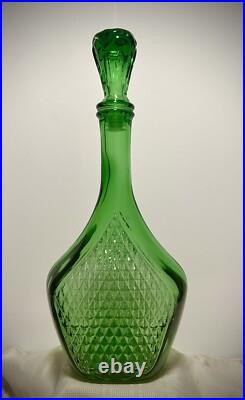 Beautiful GREEN EMPOLI DECANTER Vintage Glass Diamond Cut Marked MADE IN ITALY