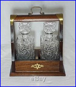 Beautiful Pair of Heavy Square Glass Decanters with Vintage Tantalus