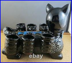Betson's Black Cat Pottery Decanter Bar Bottle Figurine WithShot Cup Mugs Barware