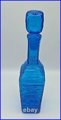 Blenko 6225S Glass Decanter with Stopper Turquoise Blue Ribbed Strata VTG 14.25