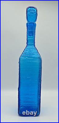 Blenko 6225S Glass Decanter with Stopper Turquoise Blue Ribbed Strata VTG 14.25