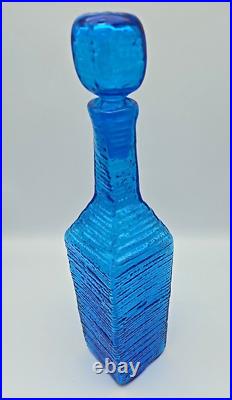 Blenko 6225S Glass Decanter with Stopper Turquoise Blue Ribbed Strata VTG 14.25