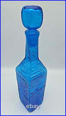 Blenko 6225S Glass Decanter with Stopper Turquoise Blue Ribbed Strata VTG 14.25