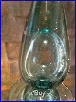 Blenko Aqua Green Large Vintage Pinched Glass Decanter with Flame Stopper