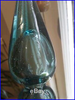 Blenko Aqua Green Large Vintage Pinched Glass Decanter with Flame Stopper