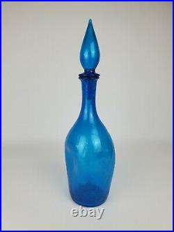 Blenko Blue Crackle Dimple Glass Decanter Vtg MCM Genie Bottle 16.5