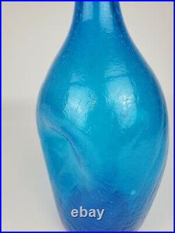 Blenko Blue Crackle Dimple Glass Decanter Vtg MCM Genie Bottle 16.5