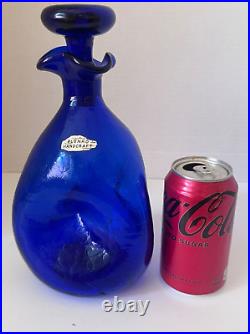 Blenko Crackle Glass Cobalt Blue Decanter with Stopper Label Minty Vintage