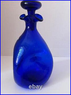 Blenko Crackle Glass Cobalt Blue Decanter with Stopper Label Minty Vintage