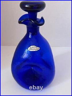 Blenko Crackle Glass Cobalt Blue Decanter with Stopper Label Minty Vintage