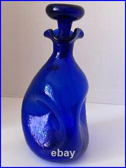 Blenko Crackle Glass Cobalt Blue Decanter with Stopper Label Minty Vintage