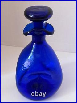 Blenko Crackle Glass Cobalt Blue Decanter with Stopper Label Minty Vintage