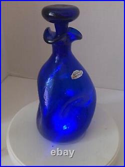 Blenko Crackle Glass Cobalt Blue Decanter with Stopper Label Minty Vintage