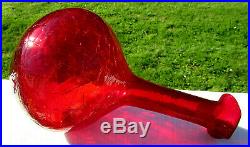 Blenko Glass Vintage Ruby Red Crackle Glass Decanter withFlame Stopper 13H MINT