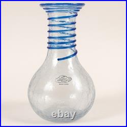 Blenko Handcraft Crackle Glass Decanter Vase Cobalt Blue Coil Wrap Vintage USA