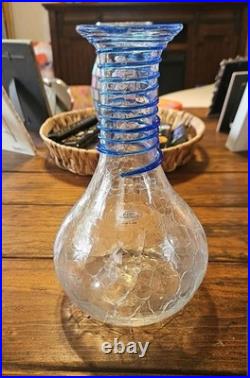 Blenko Handcraft Crackle Glass Decanter Vase Cobalt Blue Coil Wrap Vintage USA
