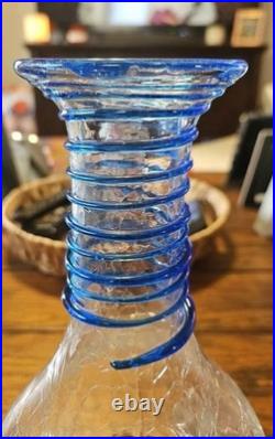 Blenko Handcraft Crackle Glass Decanter Vase Cobalt Blue Coil Wrap Vintage USA