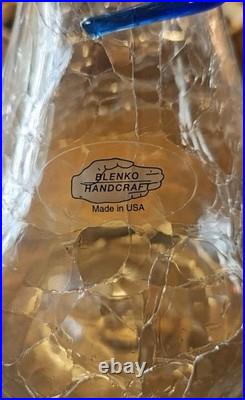 Blenko Handcraft Crackle Glass Decanter Vase Cobalt Blue Coil Wrap Vintage USA