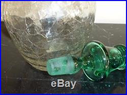 Blenko Vintage Crackle And Green Tear Drop Stopper Glass Decanter