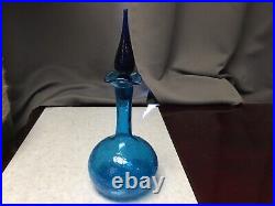 Blue Blenko Crackle Glass Decanter With Stopper