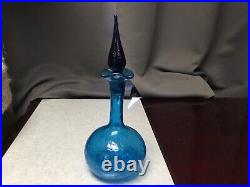 Blue Blenko Crackle Glass Decanter With Stopper